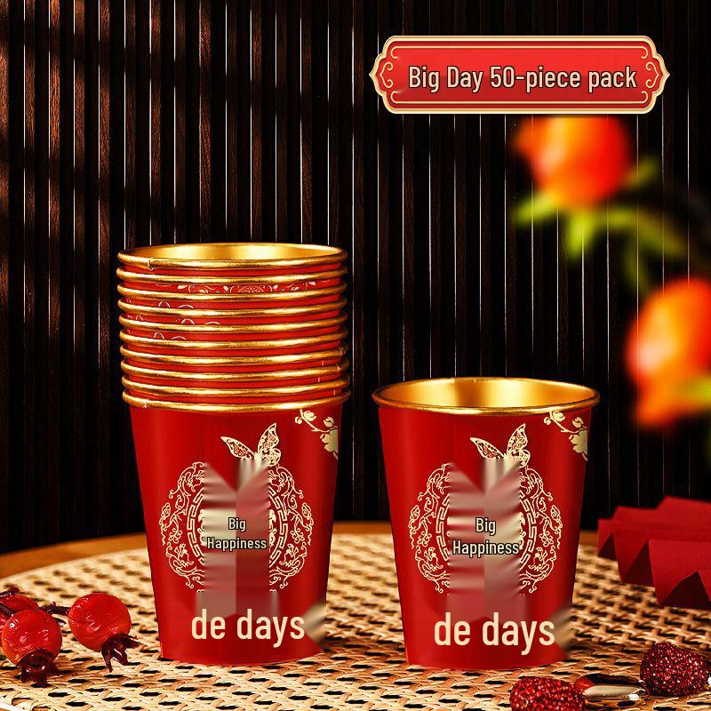 Luxurious Gold Thickened Disposable Wedding Cups - Elegant Red Tea Cups for Banquets & Household Use