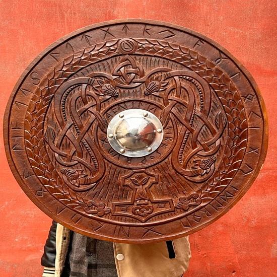 Handmade Viking Shield Medieval Norse Wooden Shield with Metal Boss Battle Decor Home Decor