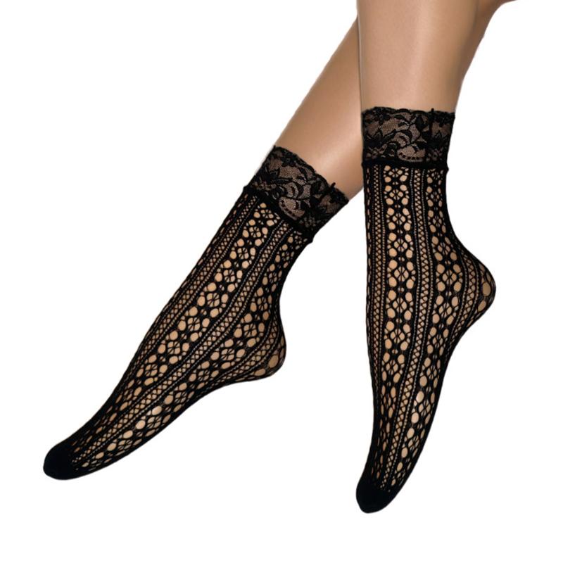Women Floral Print Sexy Mesh Breathable Ankle Socks Casual Short Socks Formal Wear Lace Trim Elegant