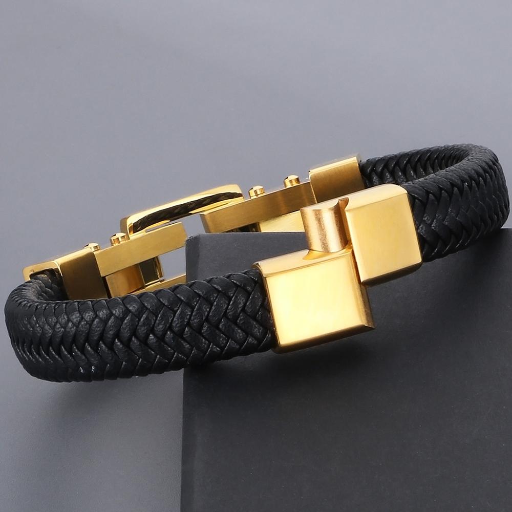 Handmade Braided Leather Wrap Man Bracelet Gold Color Stainless Steel Men's Bracelets with Magnet Clasp Birthday Party Gifts