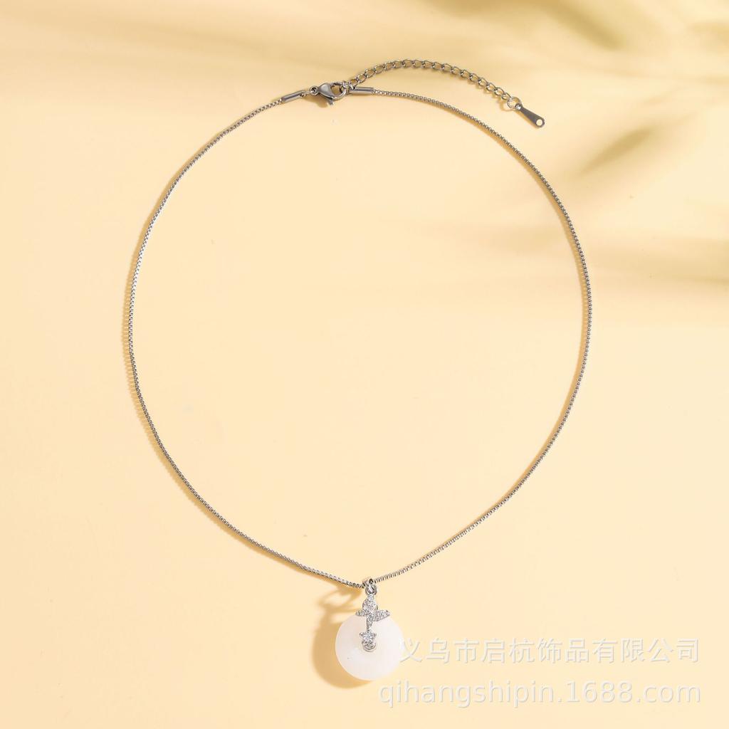 Ping An Buckle Necklace Women'S Light Luxury Retro Guochao Inlaid White Jade Pendant Necklace