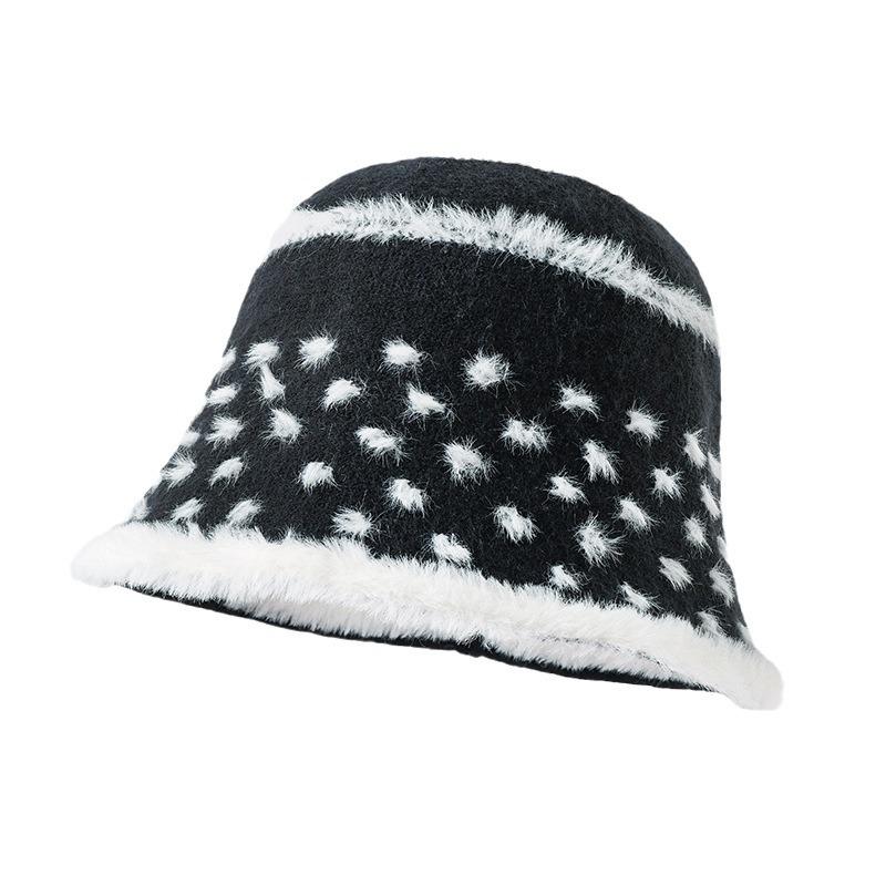 Korean New Hat for Women with High End Fashion Polka Dot Plush Fisherman Hat for Winter Windproof and Warm Face Showing Small Basin Hat