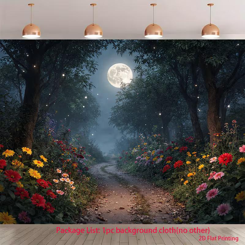 

2D Enchanted Night Garden Backdrop Moonlit Forest Flower Firefly Background for Photoshoot 47.2x31.5inch/120*80cm