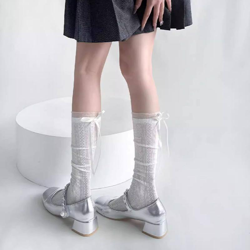 Breathable Mesh Bow Socks - Thin Ballet Style Slouch Socks for Summer, Soft Calf Length Socks with Ruffle Trim for Daily Wear