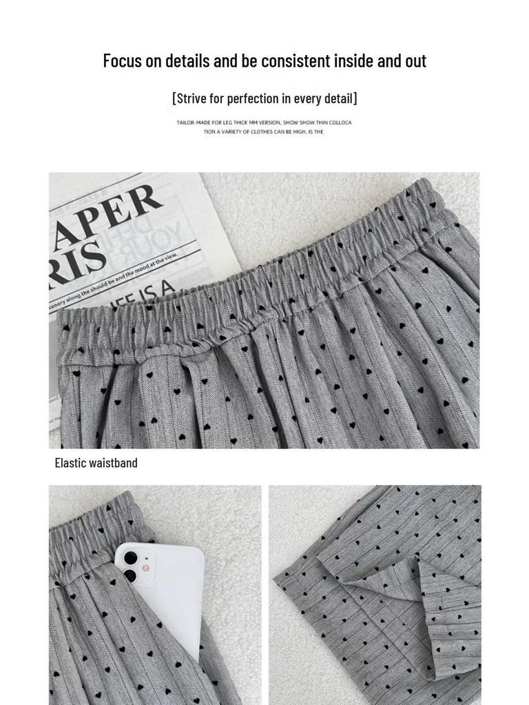 Dark Grey Heart Pattern Wide Leg High Waist Petite Women's Trousers - Spring/Summer Casual Straight Leg Floor Length Pants