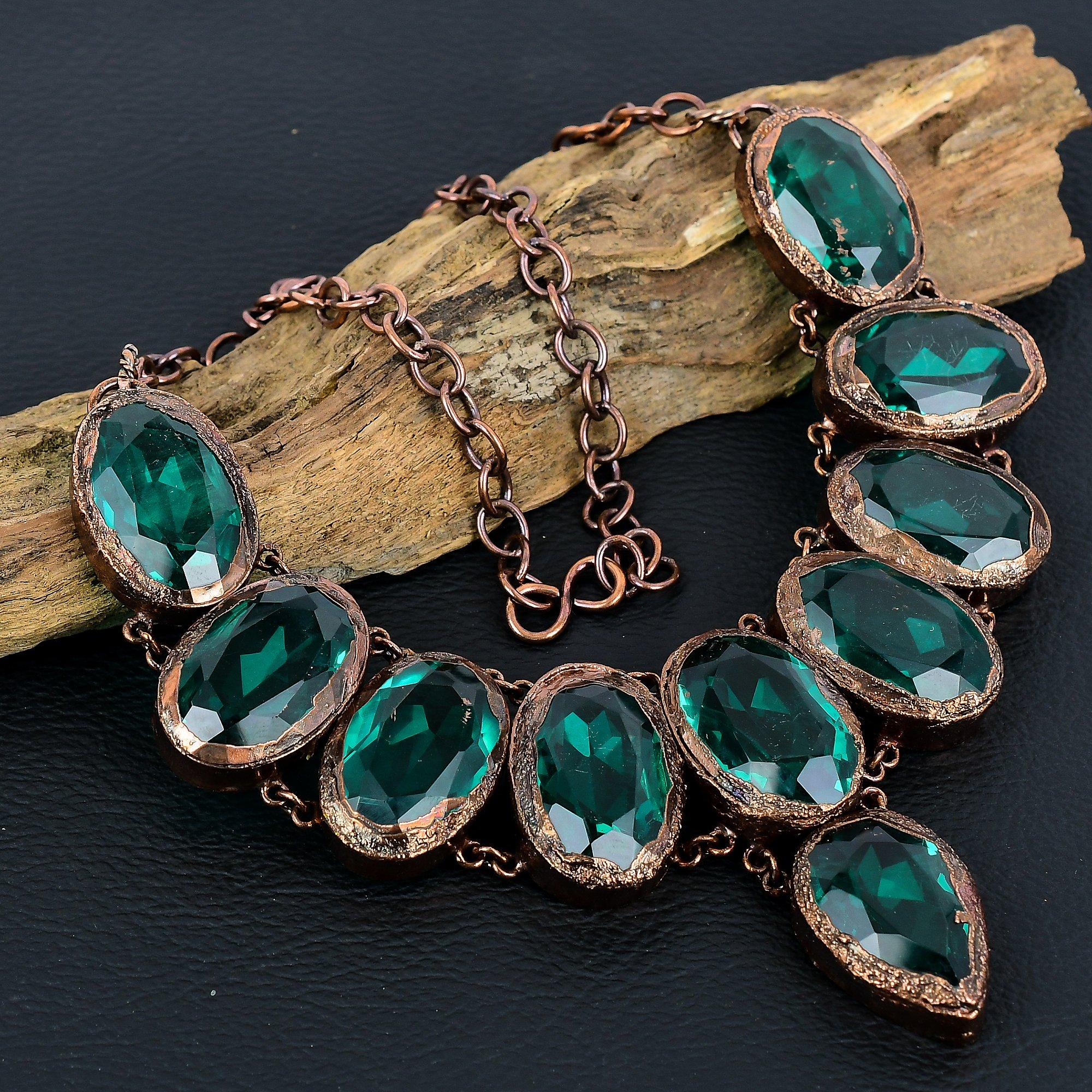 

Indicolite Handmade Gemstone Necklace, Copper Electroformed Antique Jewelry Adjustable Chain Necklace, For Engagement Gift