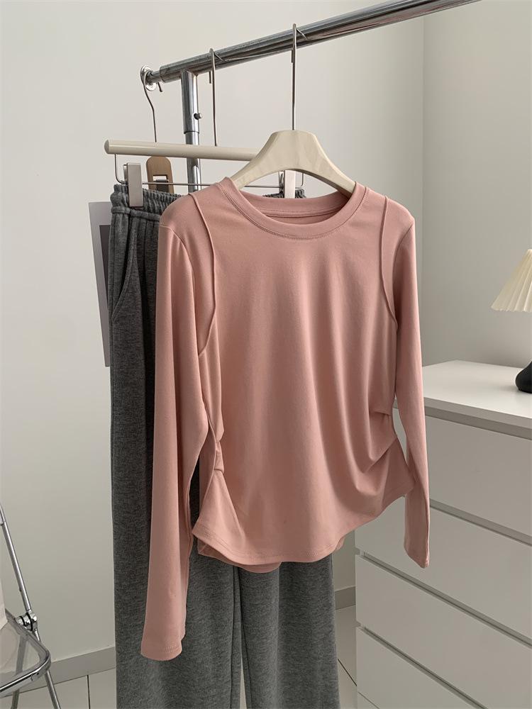 

Women s Korean Style Long-Sleeve Ruched Waist Top - Round Neck, Autumn Base Layer Shirt Large розовый