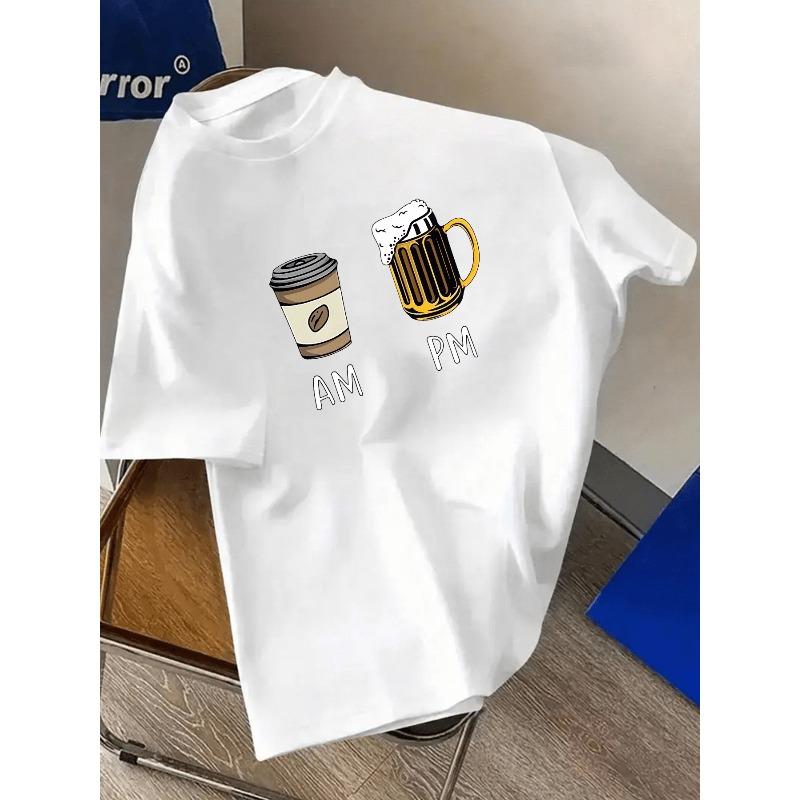 European Size Men' & Women' AM Coffee PM Beer Print T-Shirt - Short Sleeve Round Neck Casual & Athletic Top with AM/PM Caffeine, Machine Washable