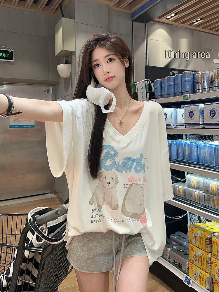 2025 Summer New Women's Influencer V-neck Loose Cartoon Print Short Sleeve T-shirt