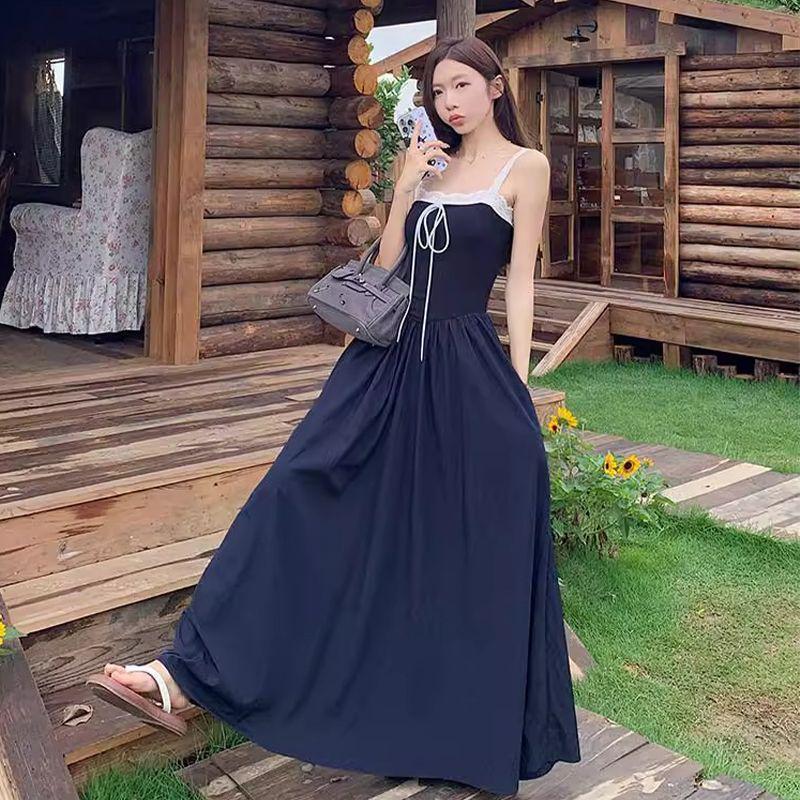 Lace Patchwork Camisole Dress with Tie-Up Waist and Pockets for Summer