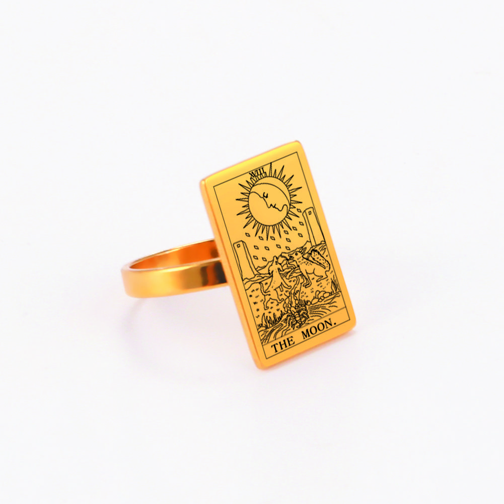 LIKGREAT Tarotkarten Goldener Ring für Damen Edelstahl Vintage Eheringe Wikinger Horoskop Die Großen Arkana Schmuck 9&Gold-color beige
