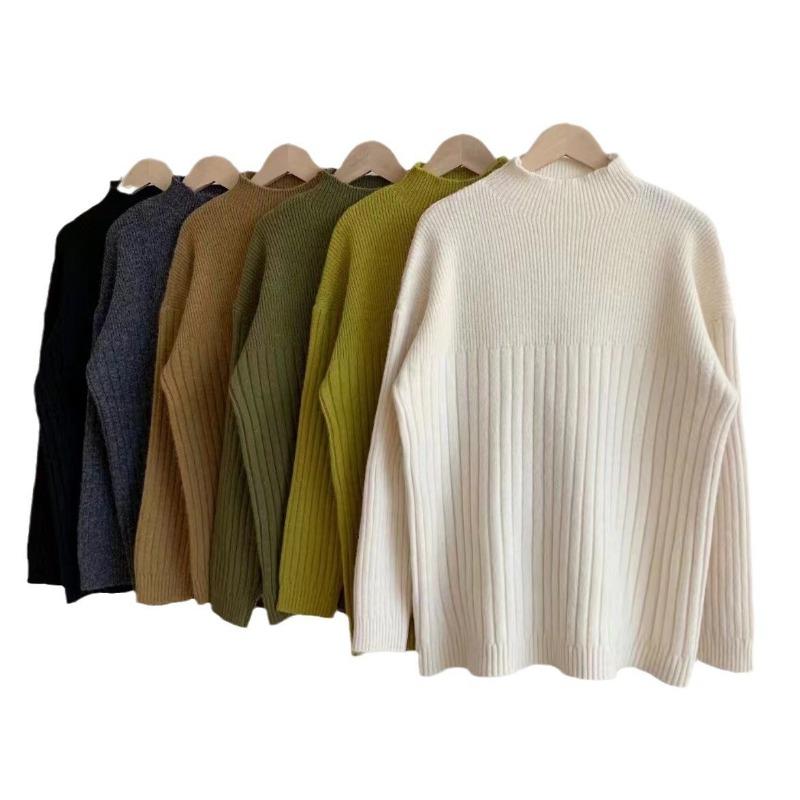 Solid Color Pit Strip Semi-turtleneck Soft Waxy Pullover Knitted Sweater Autumn and Winter New Simple Casual Style Bottoming Sweater Women