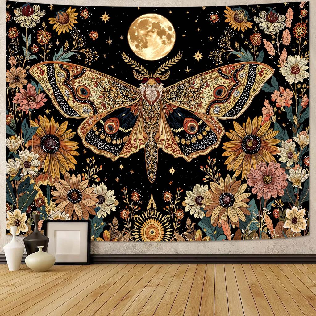 Mystic Moon Moth Tapestry, Boho Celestial Sunflower Floral Print Large Wall Hanging for Bedroom Living Room Aesthetic Decor