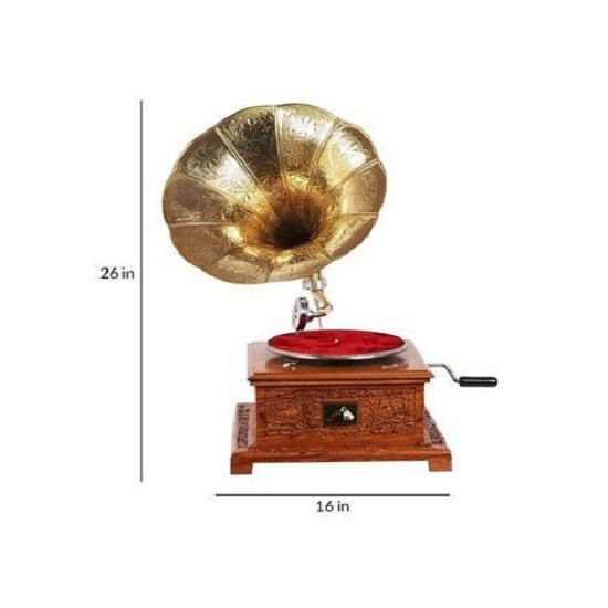 Mosaz a dřevo Zlatý gramofon Vintage gramofony Gramofon Jehla Květinová řezba Vintage gramofon