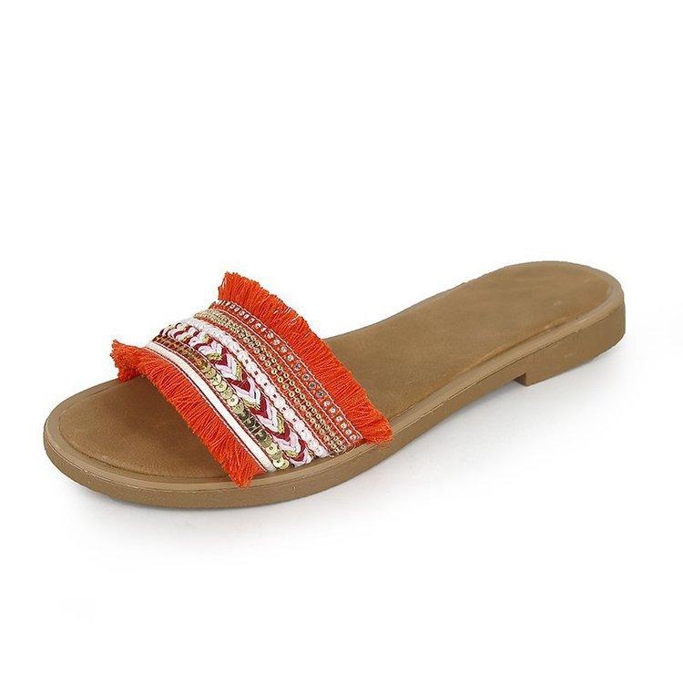 

Верхняя одежда. Тапочки. Женские сандалии на плоской подошве в этническом стиле. Летняя мода с кисточками. Удобная элегантная женская обувь. 43