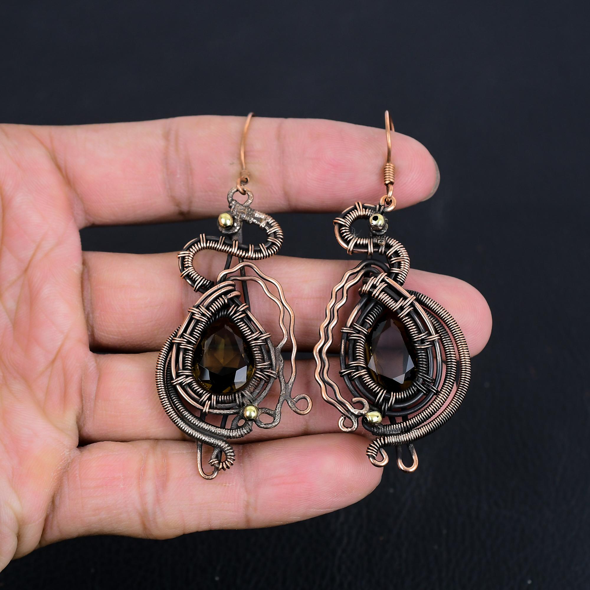 

Серьги с дымчатым топазом, Серьги, обернутые медной проволокой 999 пробы, Серьги с драгоценными камнями ручной работы для Дня памяти 3.07 Inches