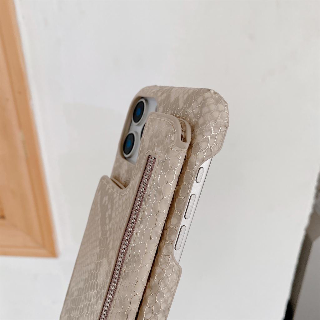 For iPhone 15 Pro Max Case Zipper Card Holder Mirror Snake Texture PU+PC Back Cover with Lanyard
