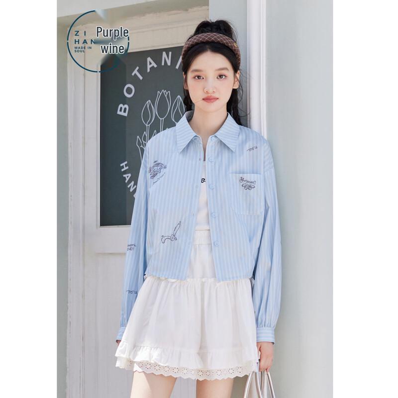 

ZIHAN Women s Short Embroidered Pleated Hem Long Sleeve Shirt XL