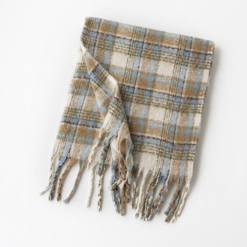 New fluffy big pulled hair imitation cashmere plaid fringed scarf high-end women's plaid scarf shawl