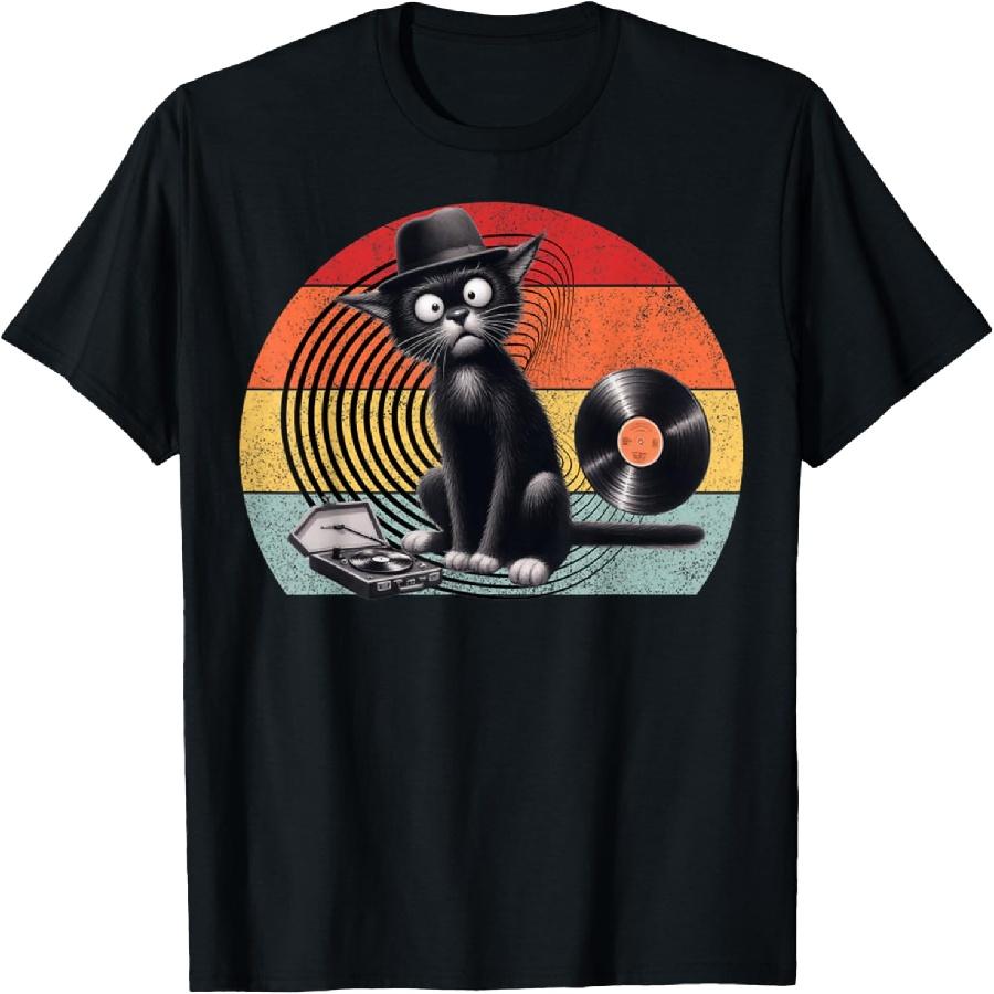 Unisex T-shirt Funny Retro Black Cat Listening To Vinyl Record Player Music T-Shirt