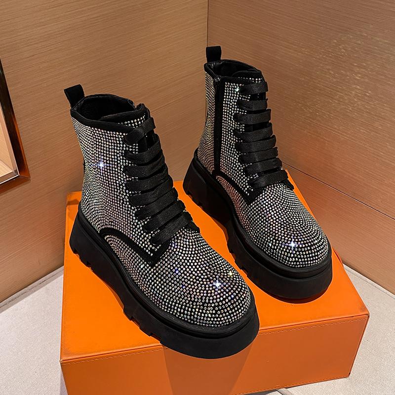 New Fashion Bling Crystal Chunky Ankle Boots for Women  Rhinestones Winter Shoes Woman Thick Bottom Platform Flat Boots