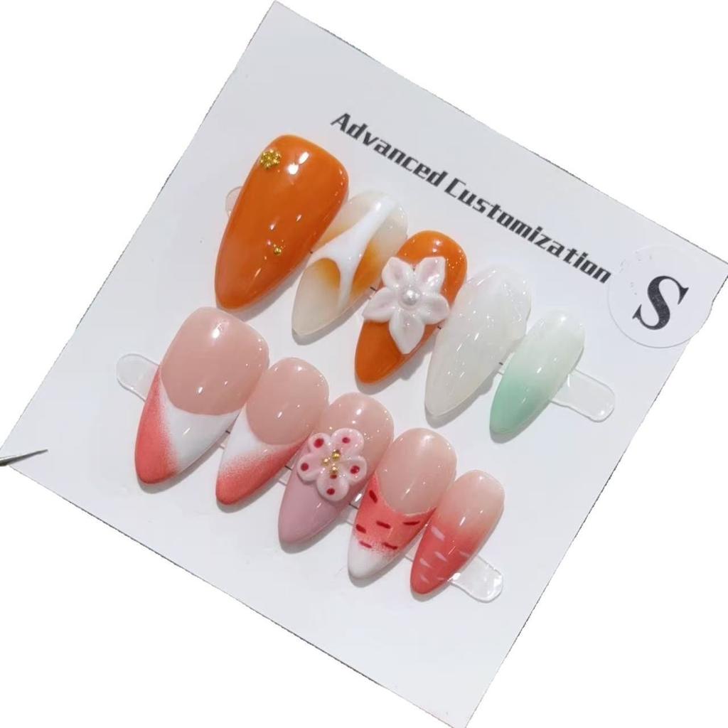 Handmade Cat Eye Coffin Almond French Coffin False Nails Pink 3D Flower Press Nail Sticker Design Acrylic Artificial Fingernails
