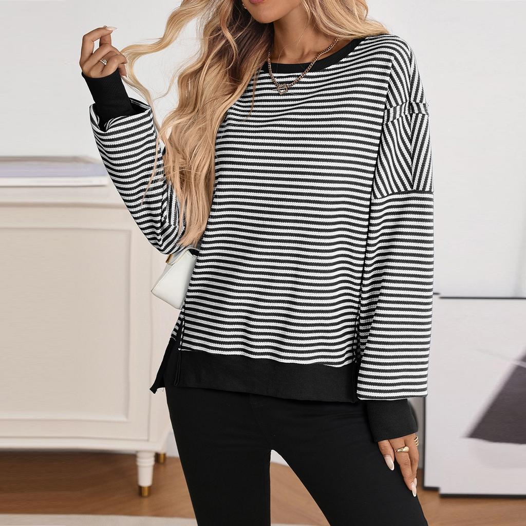 Women's Long-sleeved Round-neck Striped Round-neck Versatile Casual Loose Sweatshirt