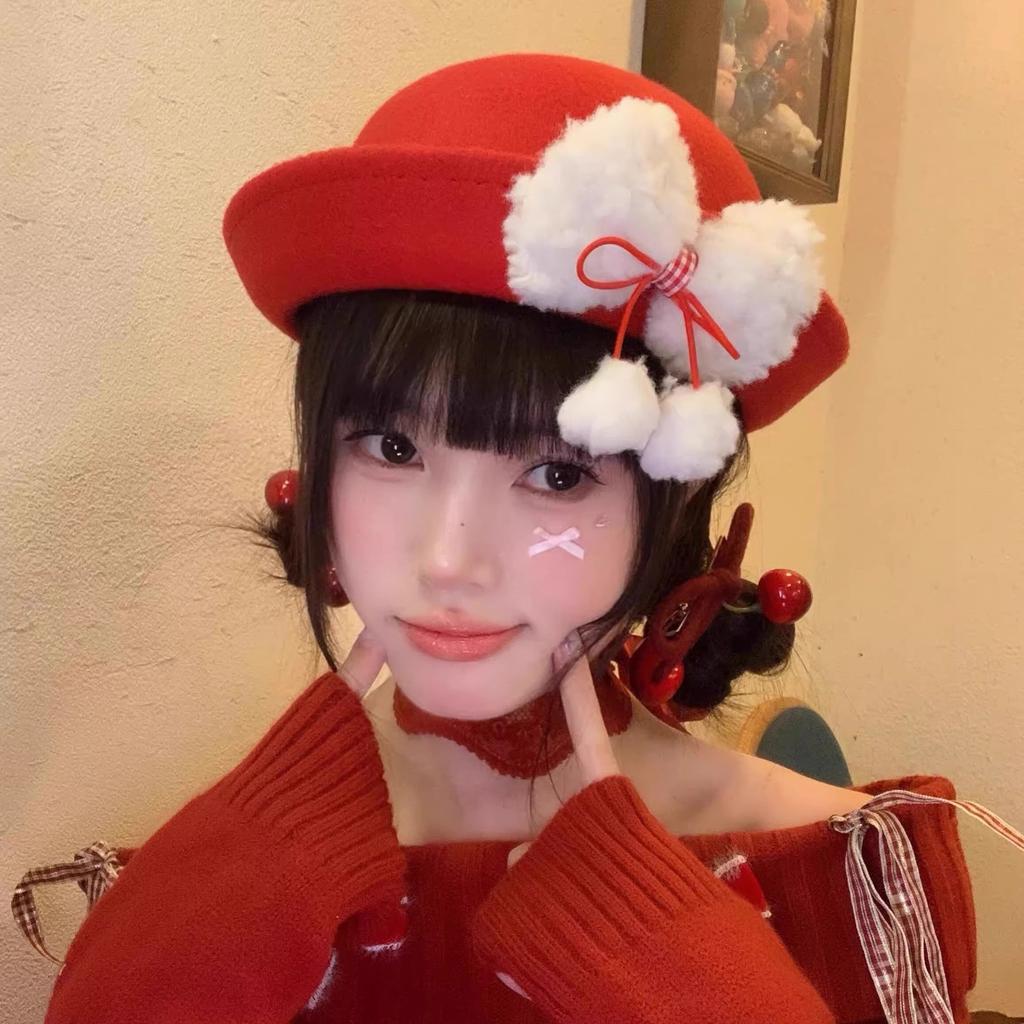 Christmas Red Plush Bow Top Hat 2025 Christmas New Year Painter Hat Ins Wind Bucket Hat
