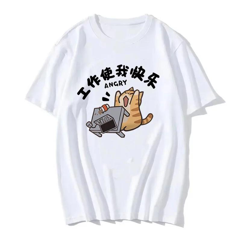 90s Women T Shirt Korean Version Cartoon Cat Group Printed T-Shirt Casual Short Sleeve Couples T-Shirt Funny Cat Streetwear