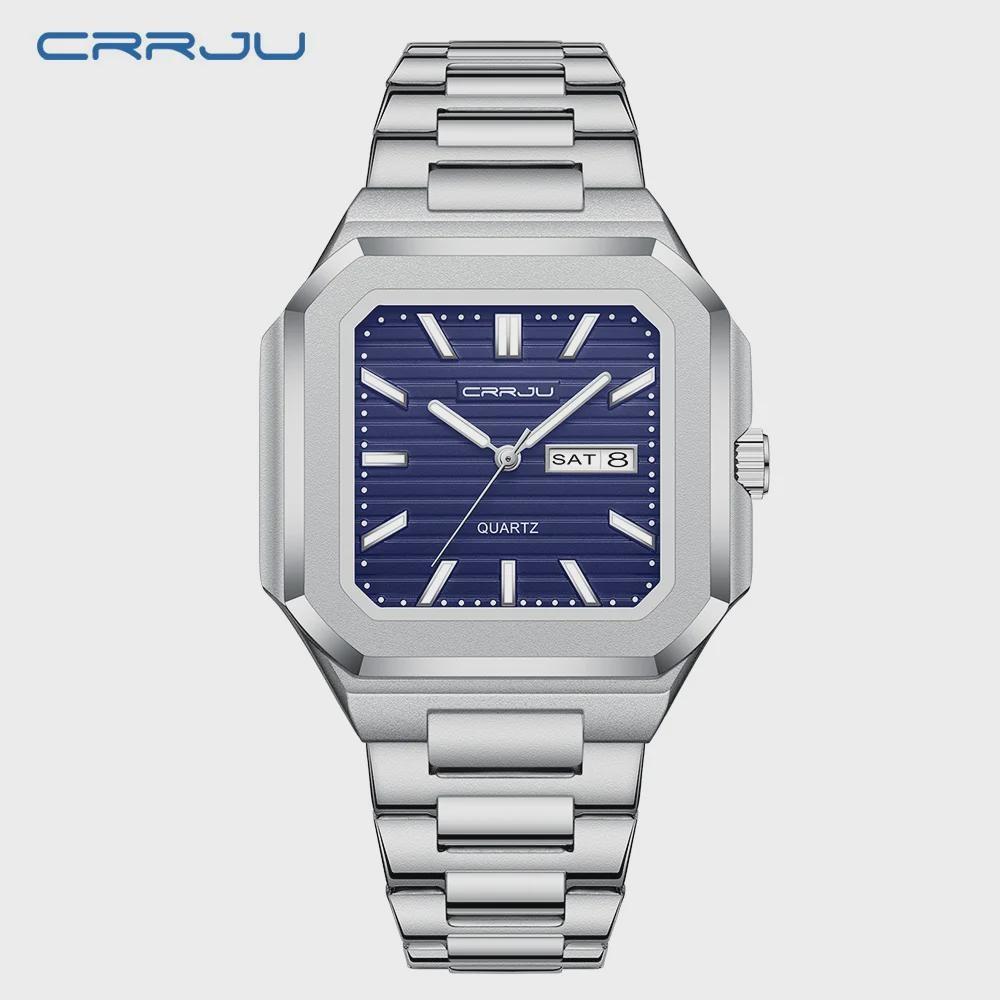 Luxury Men's Quartz Watch Square Case Day Date Display Stainless Steel Wristwatch