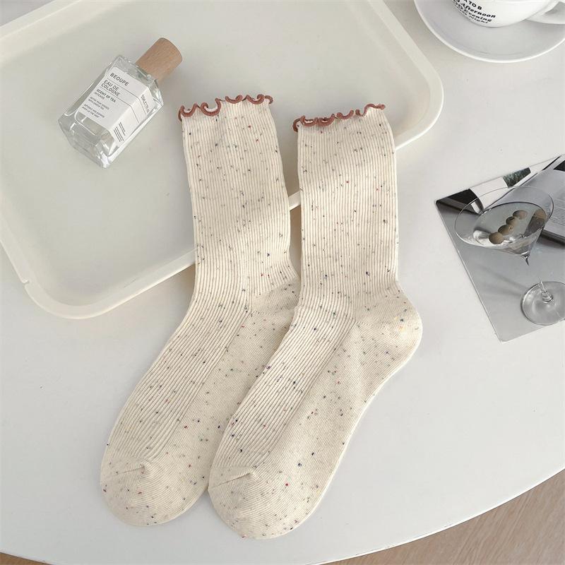 Frühlings- und Herbstsocken mit gepunktetem Garn in Cremefarbe und Aprikotfarbe, Baumwollsocken bis zur Wade für Damen, Trendige Frotteesocken