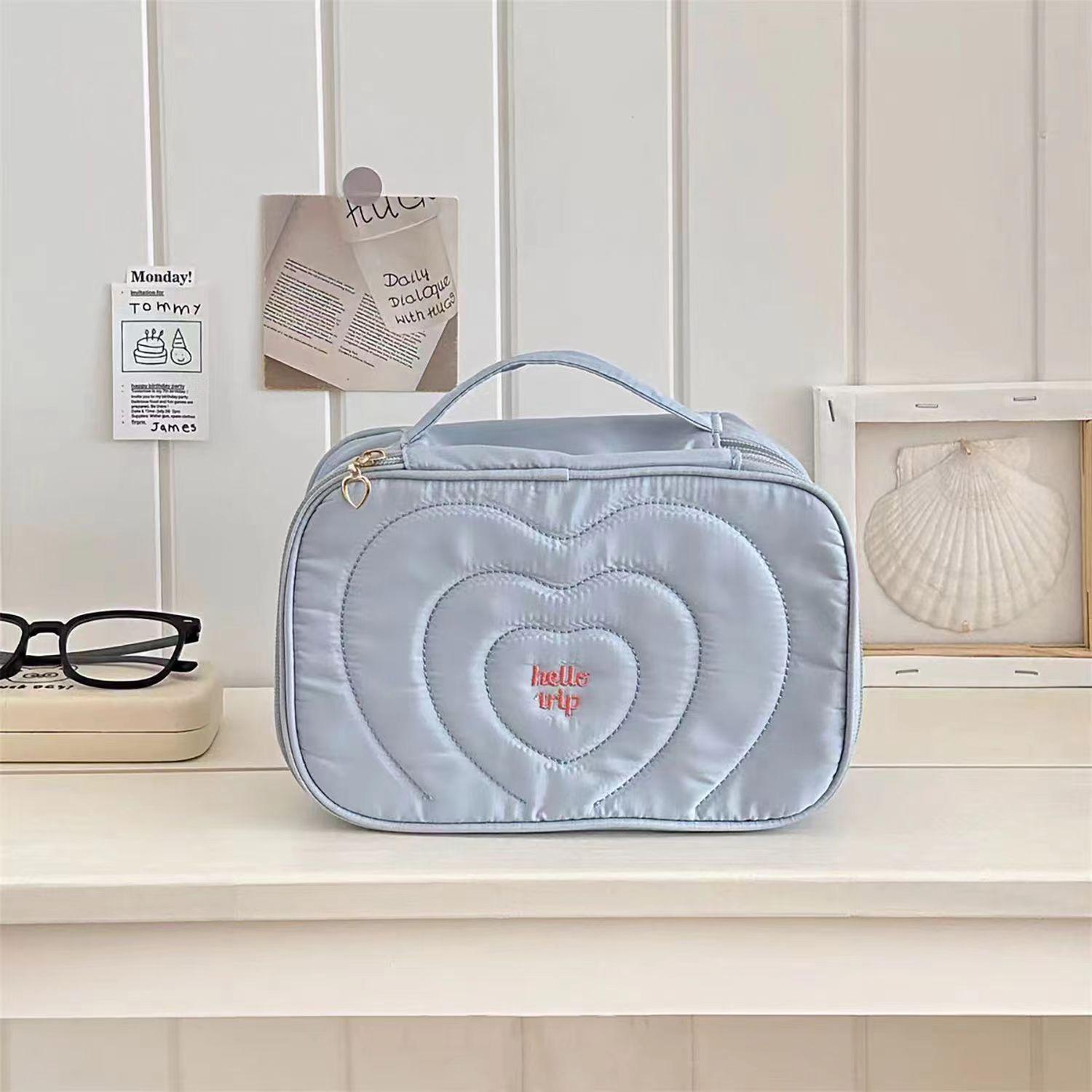 

Layered Embroidered Toiletry Bag, Cosmetic Storage Bag, Sea Salt Handheld Flip-Cover Makeup Bag, Portable for Business Trips and