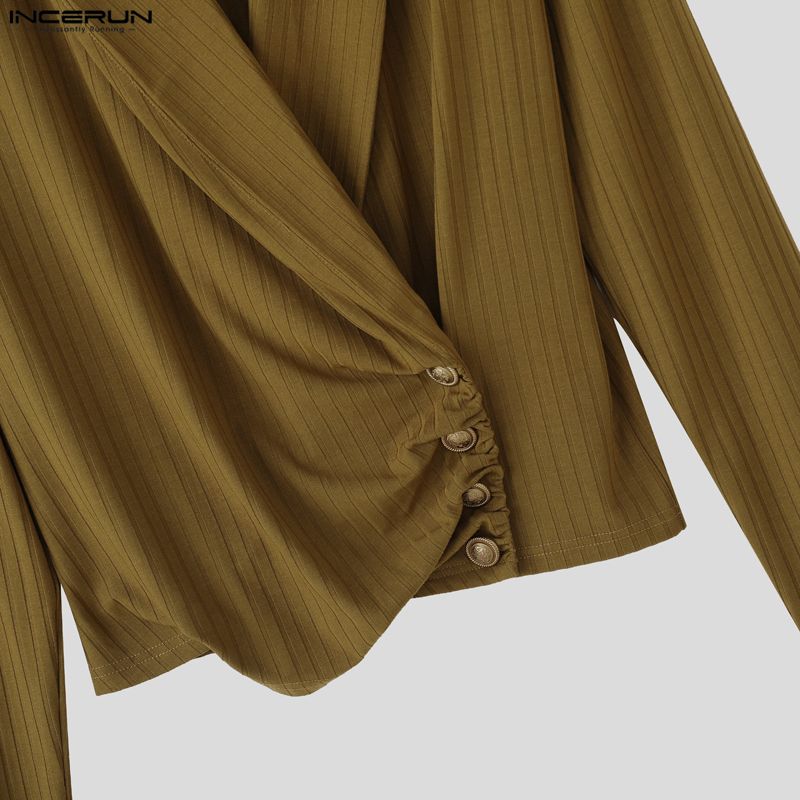 INCERUN Mens V Neck Front Cross Long Sleeve Thin Casual Rib Short T-shirts Tops