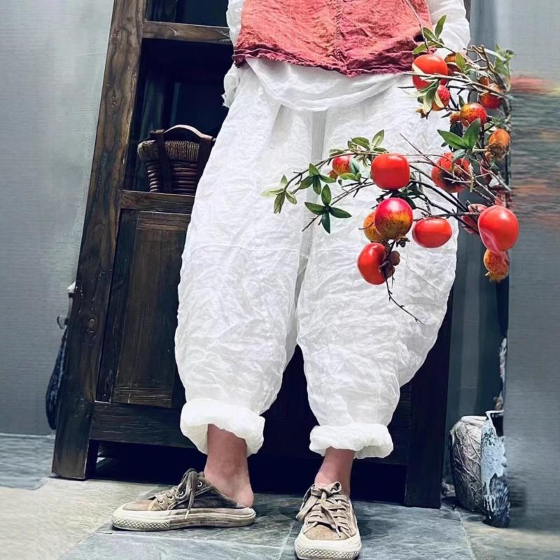 Johnature Women Harem Pants Solid Color Elastic Waist Pockets Patchwork Trousers Summer Loose Ankle Length Pants