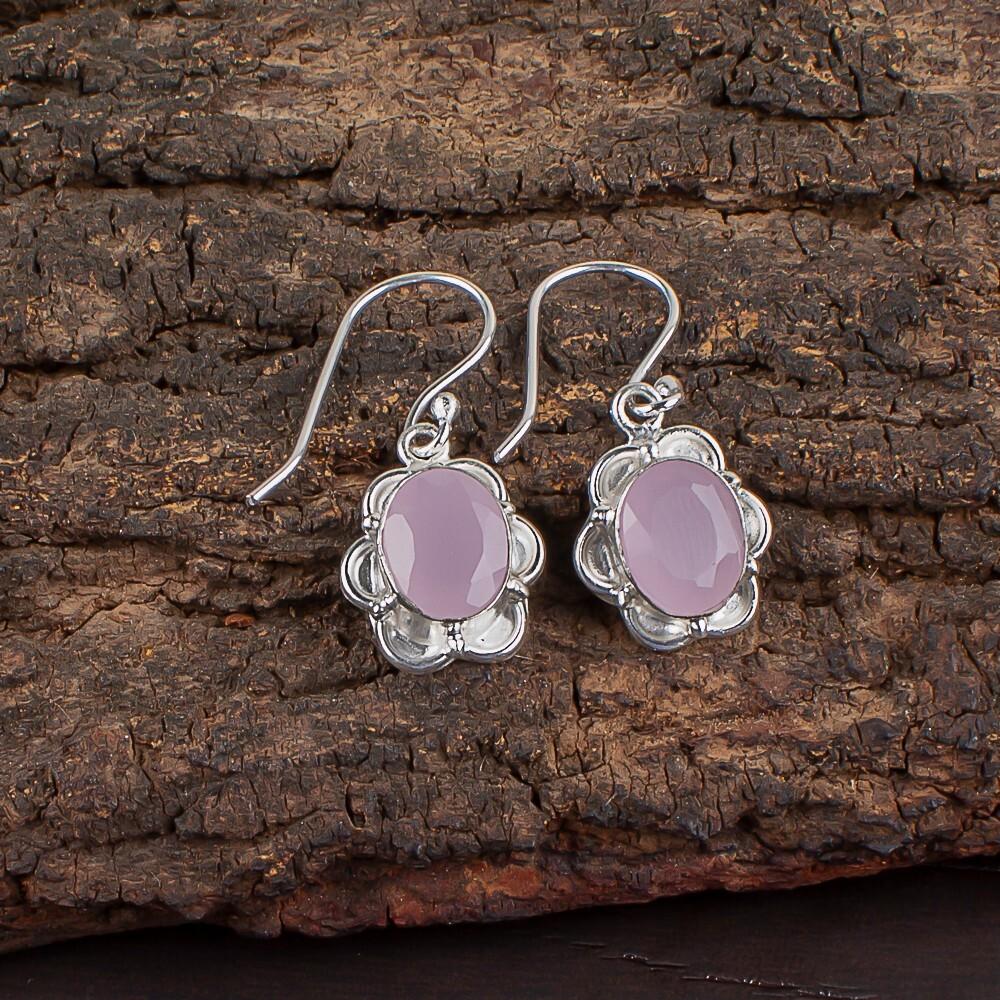 Rose Chalcedony Gemstone 925 Sterling Silver Jewelry Handcrafted Earrings 1.30" EE-11-16