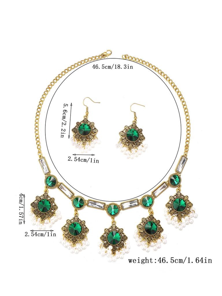 European & American Ethnic Geometric Gemstone Jewelry Set: Necklace & Earrings