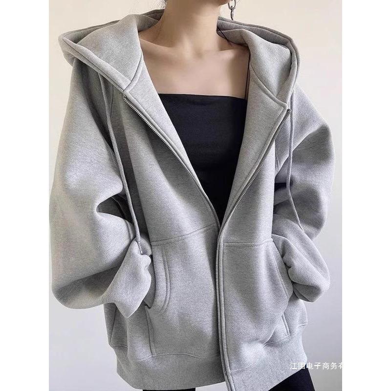 Fleece thickened sweater women, loose lazy wind hooded cardigan jacket in autumn and winter