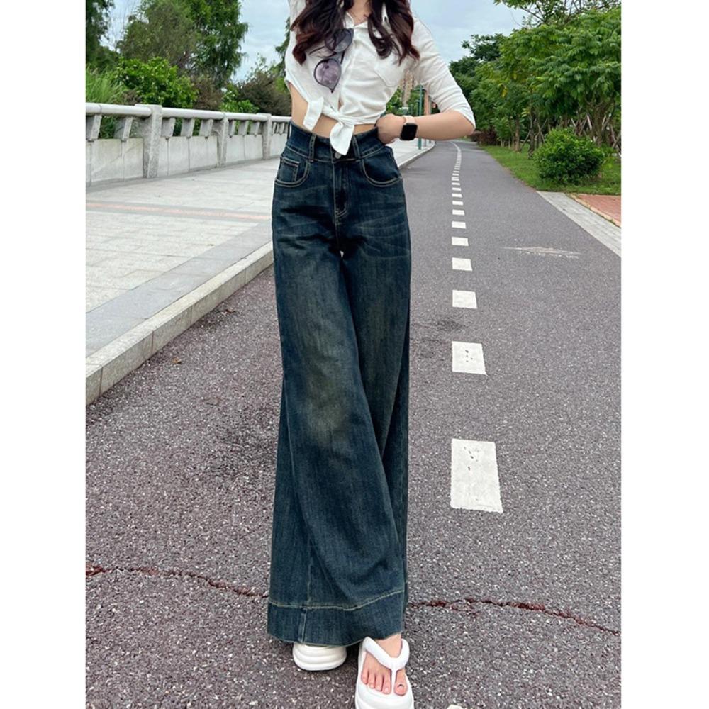 American Retro Wide-leg Jeans Women's Spring and Autumn New Floor-mopping Pants High-waisted Double-buckle Wide-leg Jeans Tide