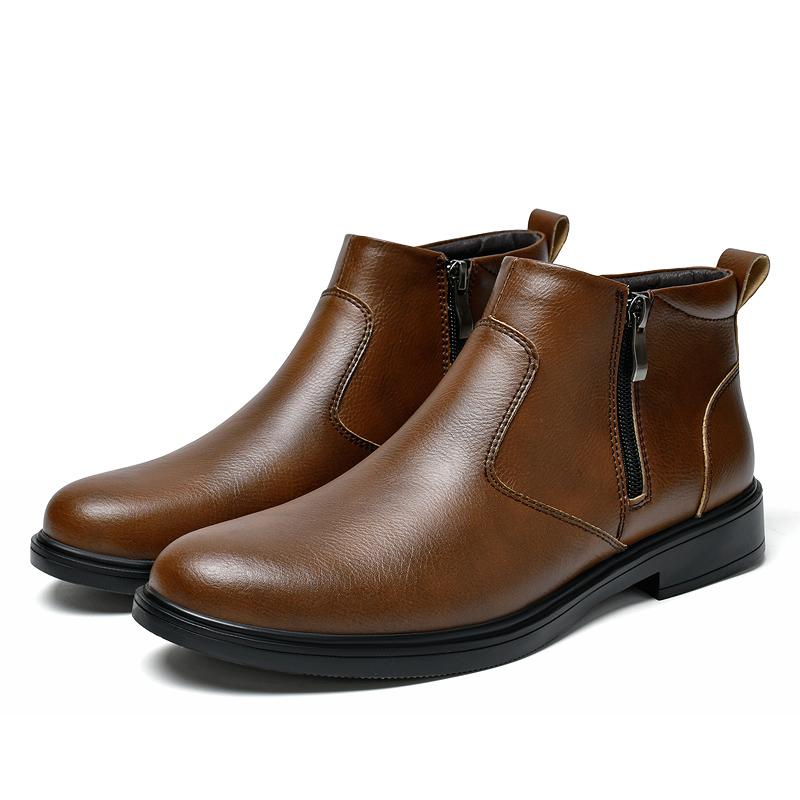 Fashion Fashion Brogue Chelsea Men Boots Classical Style Leather Ankle Boots Genuine Leather Mens Winter Plush Snow Botas Walking Shoes