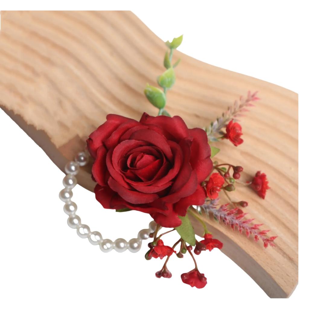 6pcs Rustic Artificial Rose Boutonniere Corsage Set Dusty Rose White Wristband Prom Suit Flowers for Wedding Ceremony