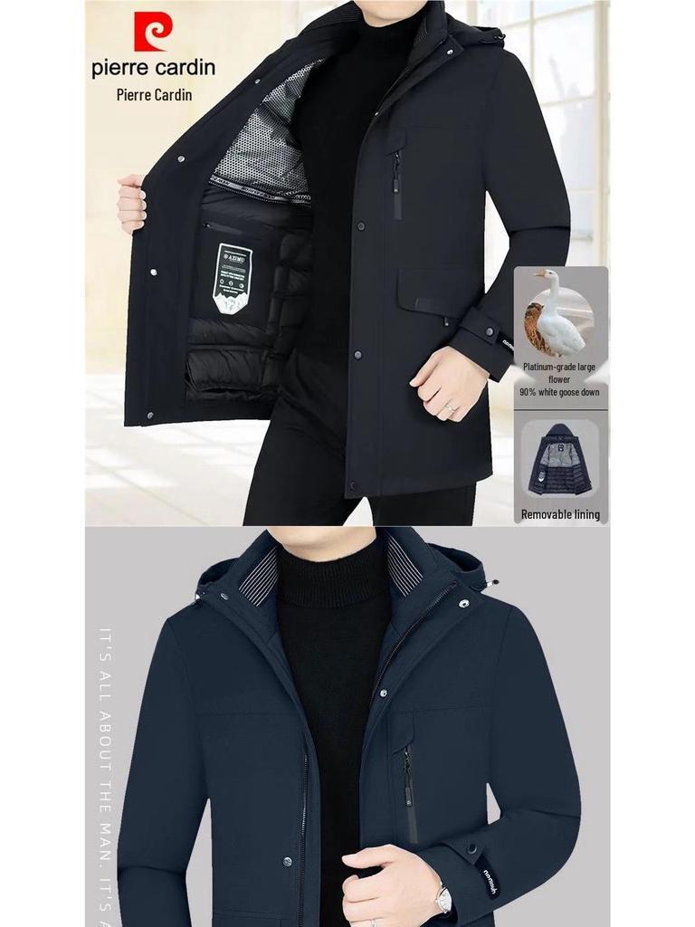 Pierre Cardin Men's Mid-Length Goose Down Jacket with Removable Liner - Thickened, Warm Winter Outerwear.