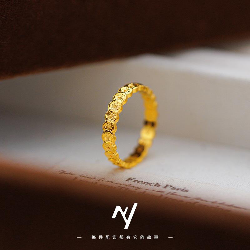 Sand Gold Crushed Ice Money Duoduo Copper Coin Ring, Light Luxury Hollow Coin Closed Ring Plain Ring