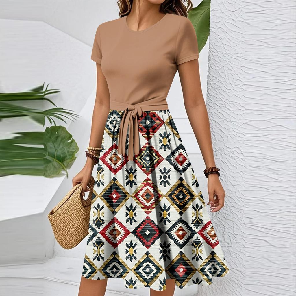 Women's Casual Fashion Belted Vintage Printed Short Sleeve Round Neck Elegant Dress