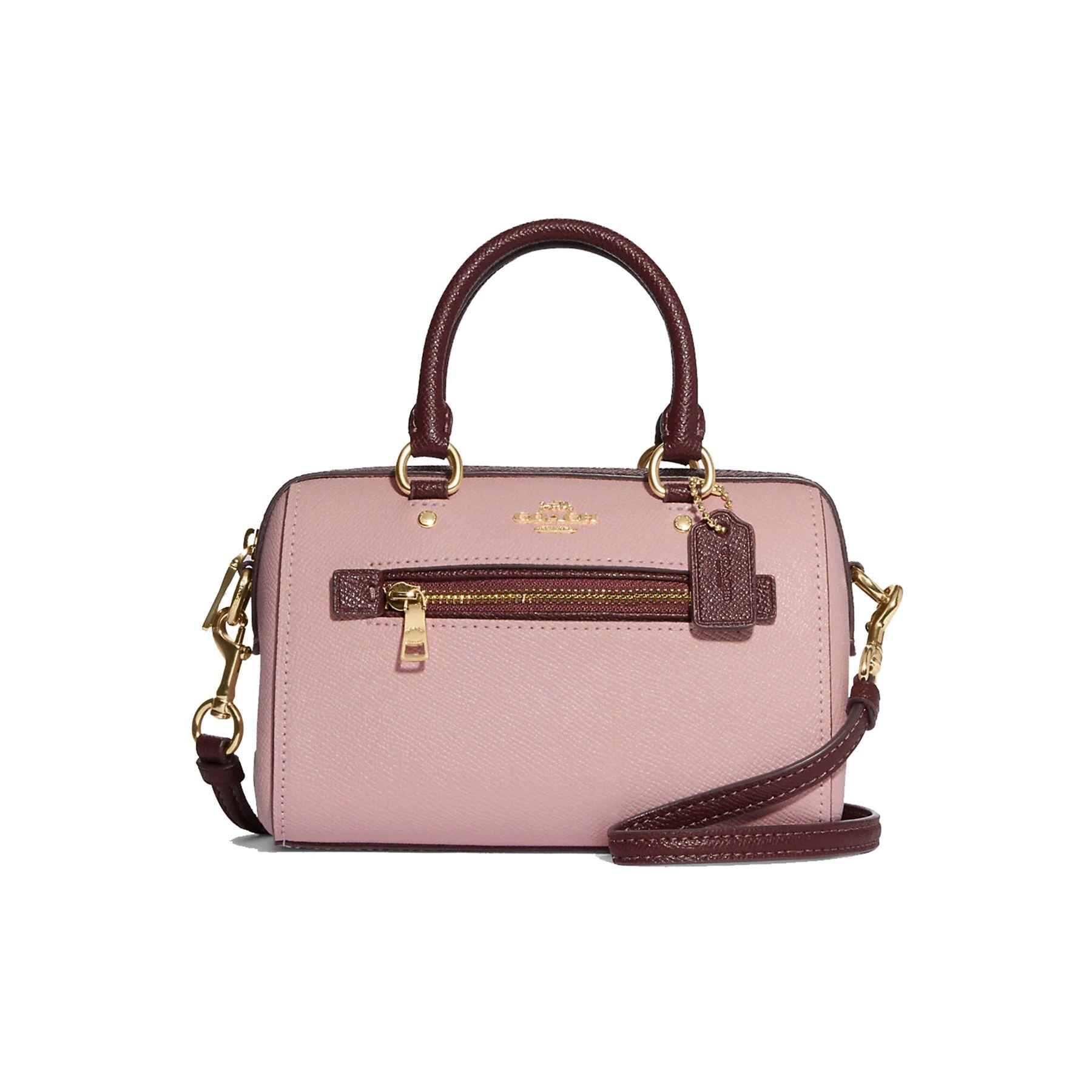 

Coach Blush Pink Pebbled Leather Mini Boston Duffle Bag with Burgundy Trim & Gold Hardware for Daily Use Basic Set (Bag+Dust Bag)