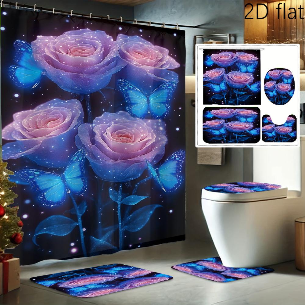 

2Dflat 1pc/4pcs Fantasy Rose Butterfly Dance Print Shower Curtain Set, Decorative Bathroom Set Includes Shower Curtain, Non-Slip 90x180cm