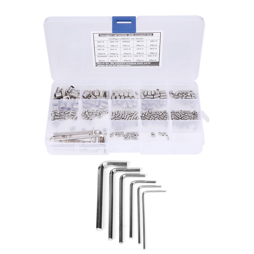 340Pcs Set Screw 304 Stainless Steel End Hex Adapter Machine 6 Wrench Hardware Parts
