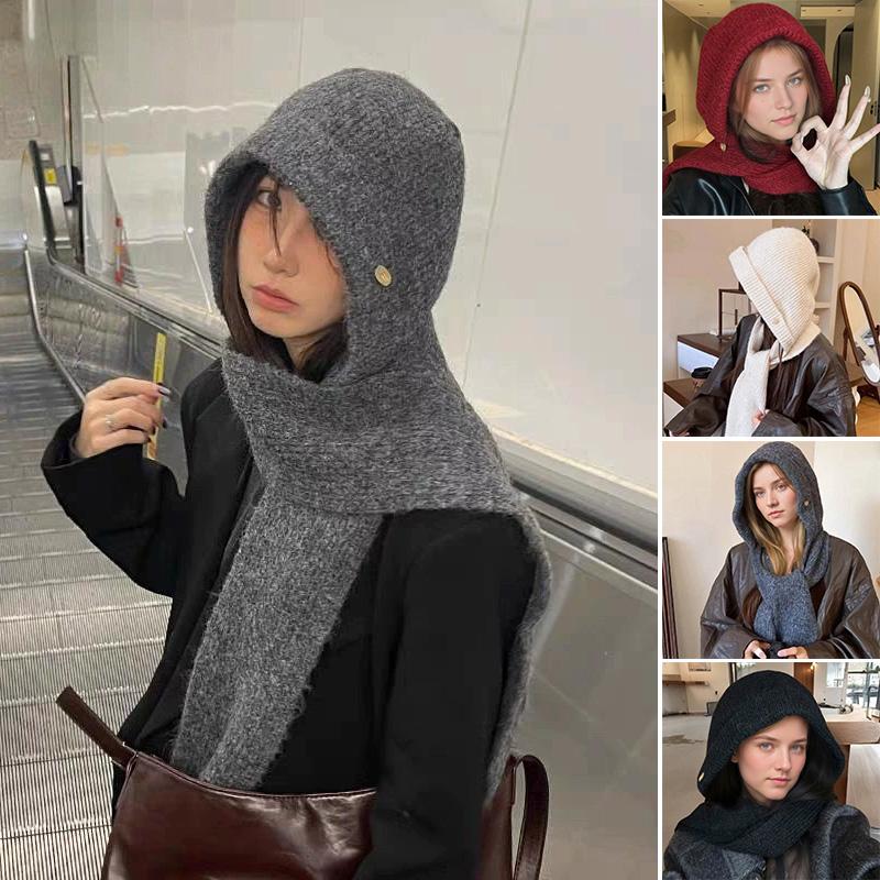 1Pc Solid Color Thicken Hat Cold Protection Integrated Keep Warm Shawl Buckled Knit
