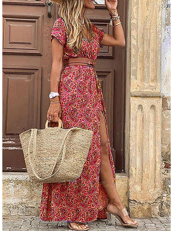 2024 Bohemian V-neck Floral Dress - European and American Fashion Hot Sale