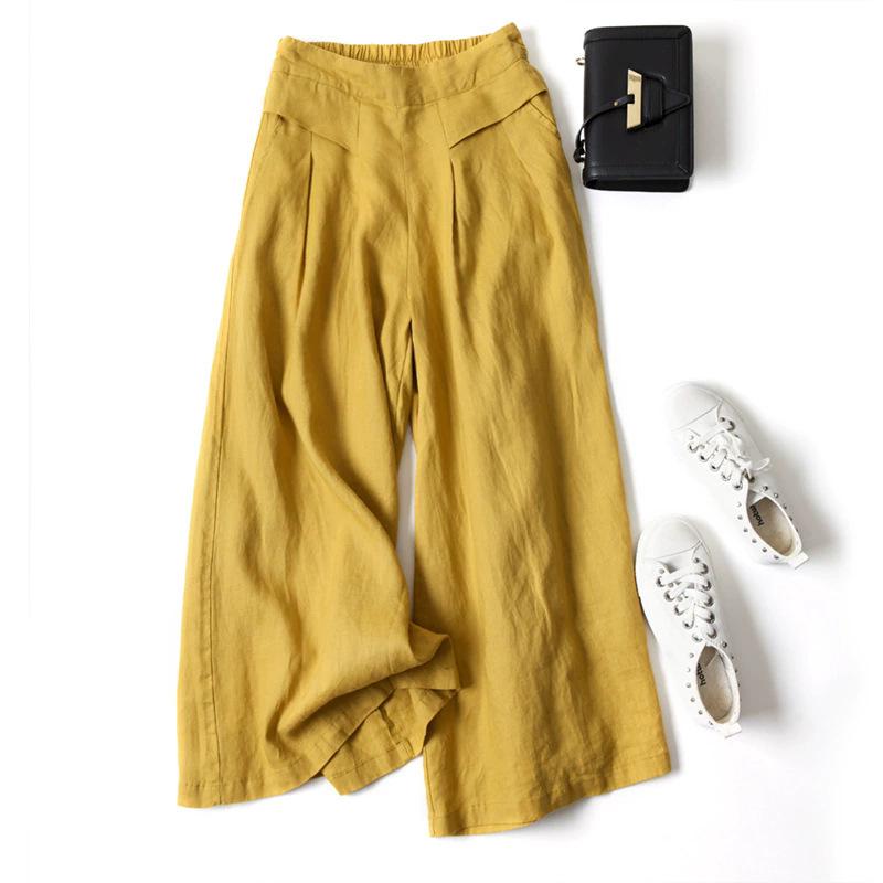Women's Summer Cotton Linen Elastic Waist Wide-Leg Retro Pants