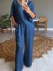 Women's Blue Satin V-Neck Blouse with Wide Leg Pants Set, Casual Elegant Outfit